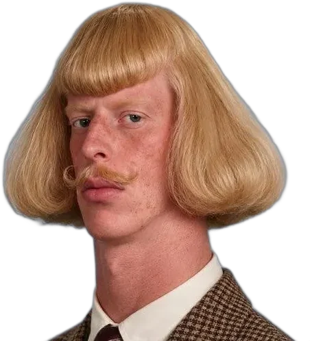 Personagem Anos 70, de franja loira e bigode